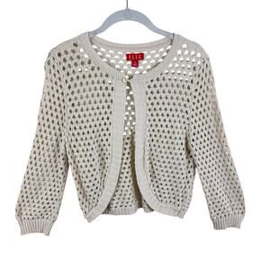Elle 100% Cotton Cream Cropped Crochet‎ Open Knit 3/4 Sleeve Cardigan Sweater M